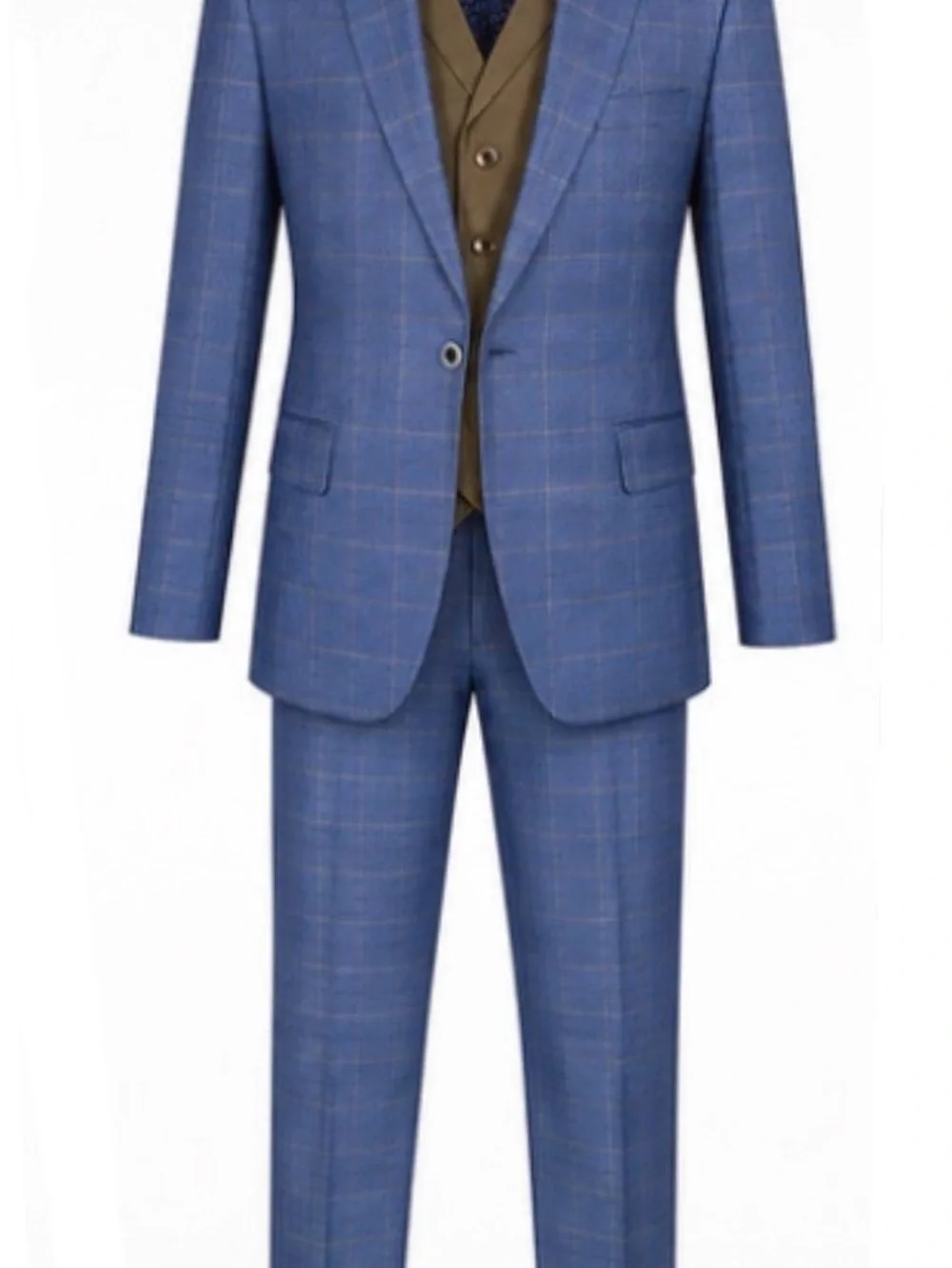 STATEMENT Blue Windowpane Suit with Olive Vest and Matching Trousers
